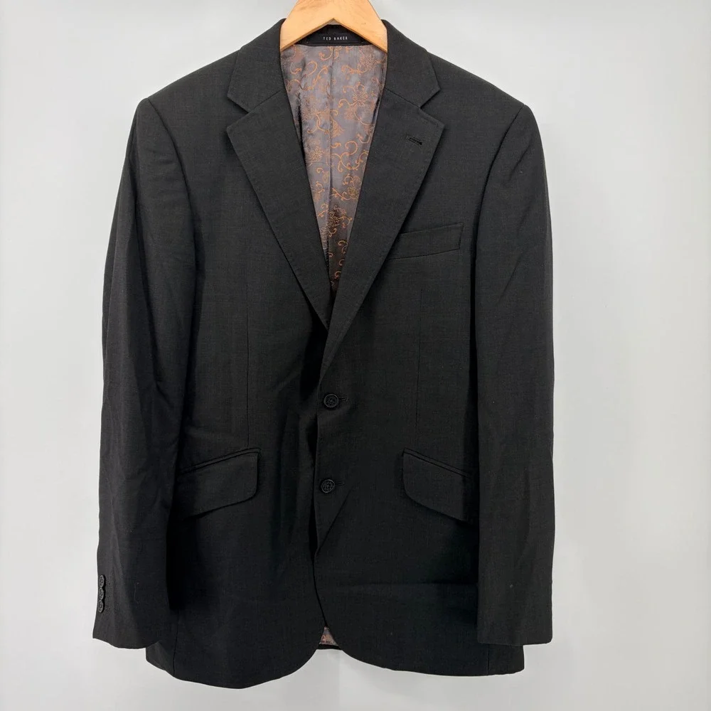 Ted Baker London‎ Mens 40R Wool Suit Jacket Blazer Charcoal Gray Floral Lining